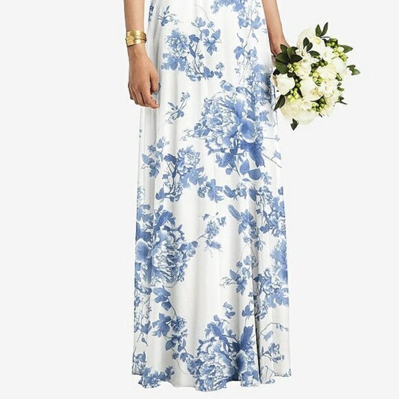 After Six 1526...Cold-Shoulder V-Back Chiffon Maxi Dress...Floral Blue...Size 12 - Picture 2 of 7
